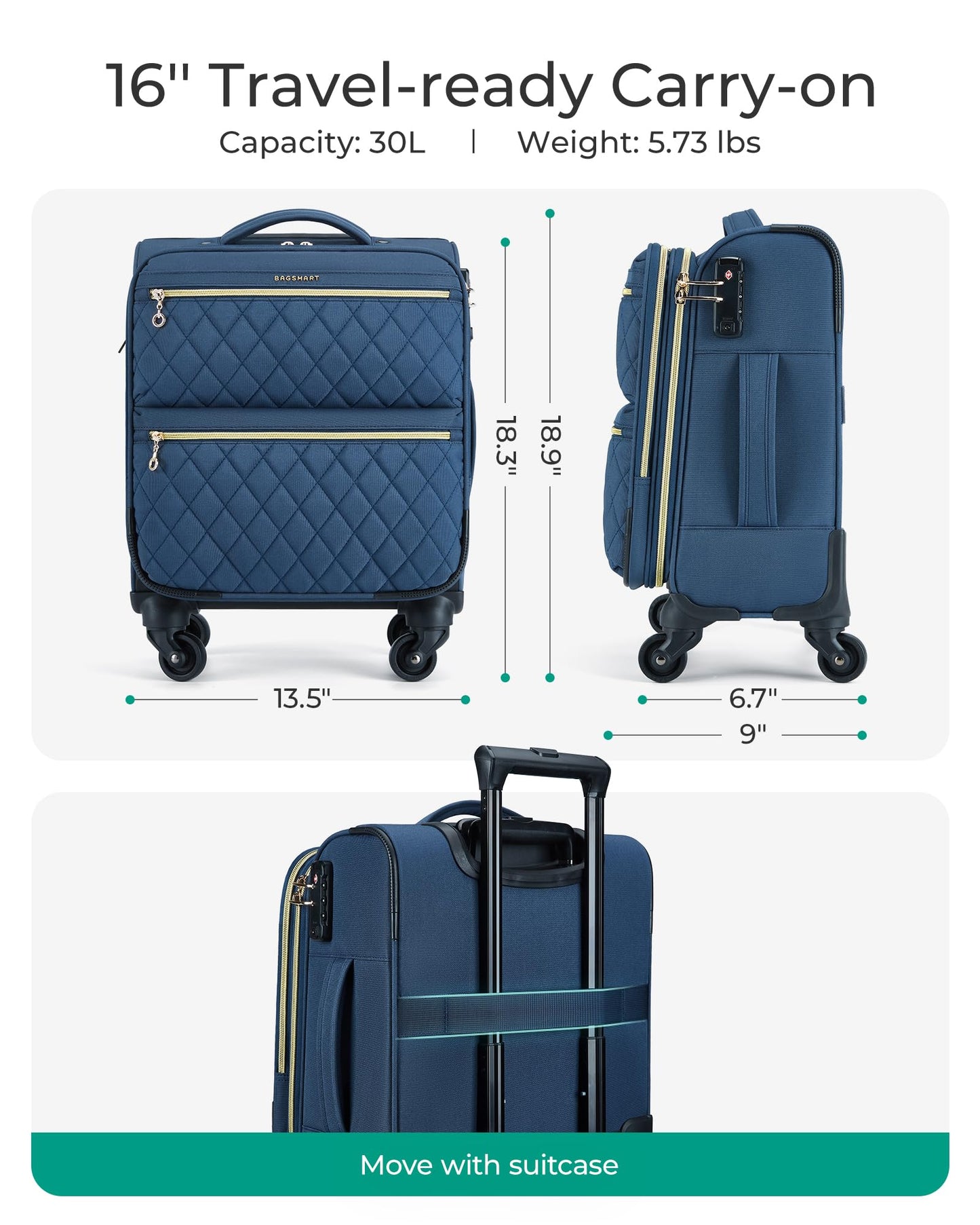 BAGSMART Underseater Carry On Luggage Airline Approved with Spinner Wheels