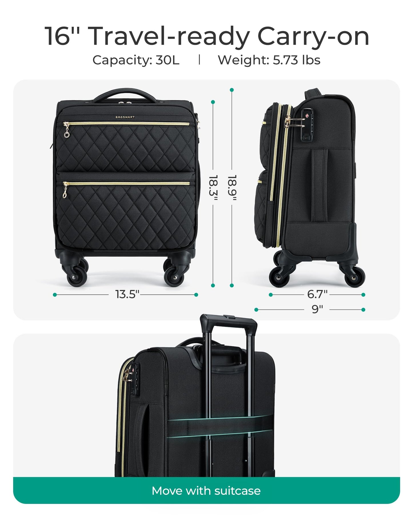 BAGSMART Underseater Carry On Luggage Airline Approved with Spinner Wheels