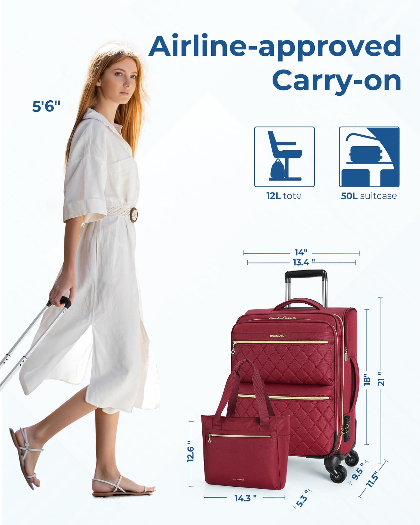 BAGSMART Underseater Carry On Luggage Airline Approved with Spinner Wheels