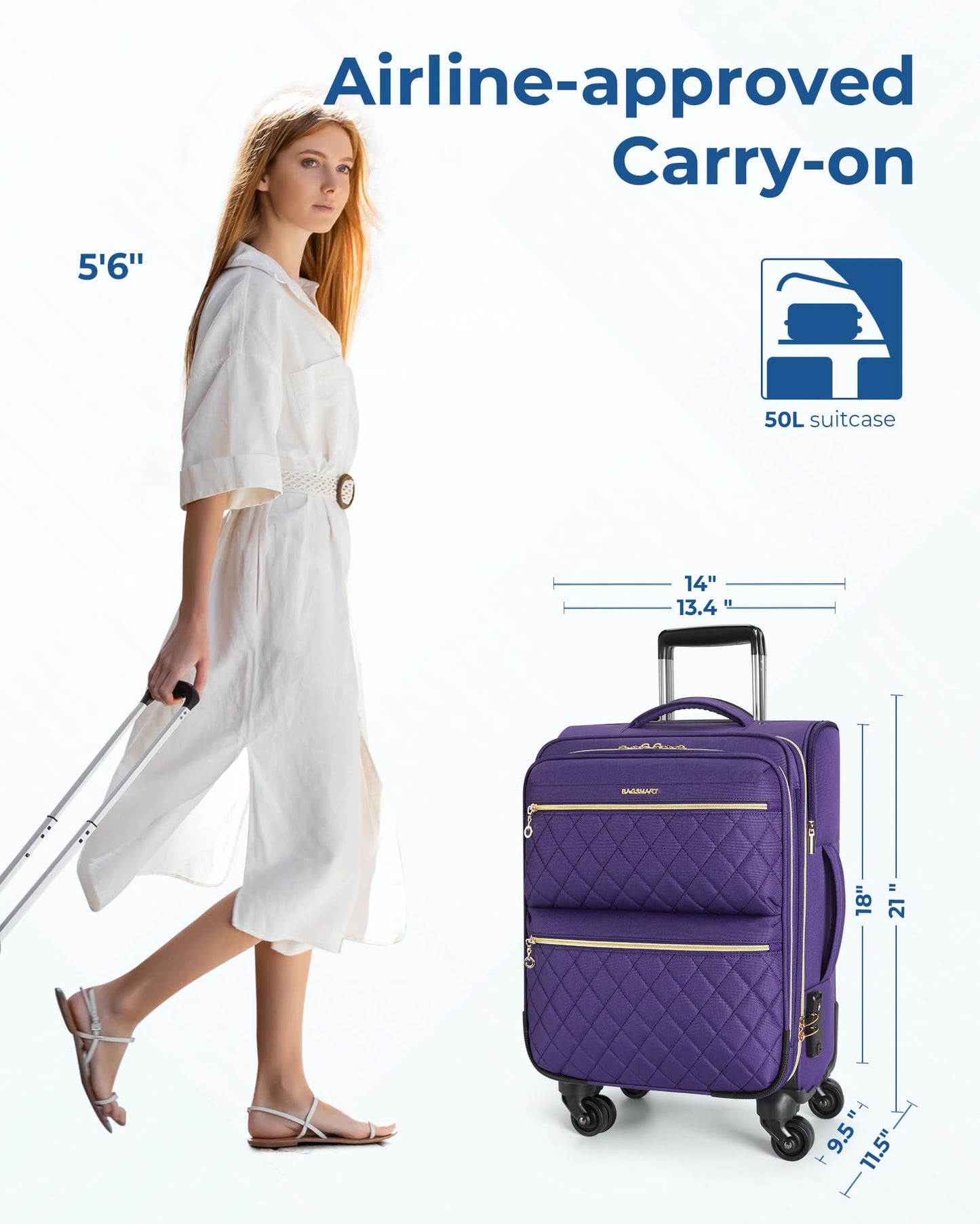 BAGSMART Underseater Carry On Luggage Airline Approved with Spinner Wheels