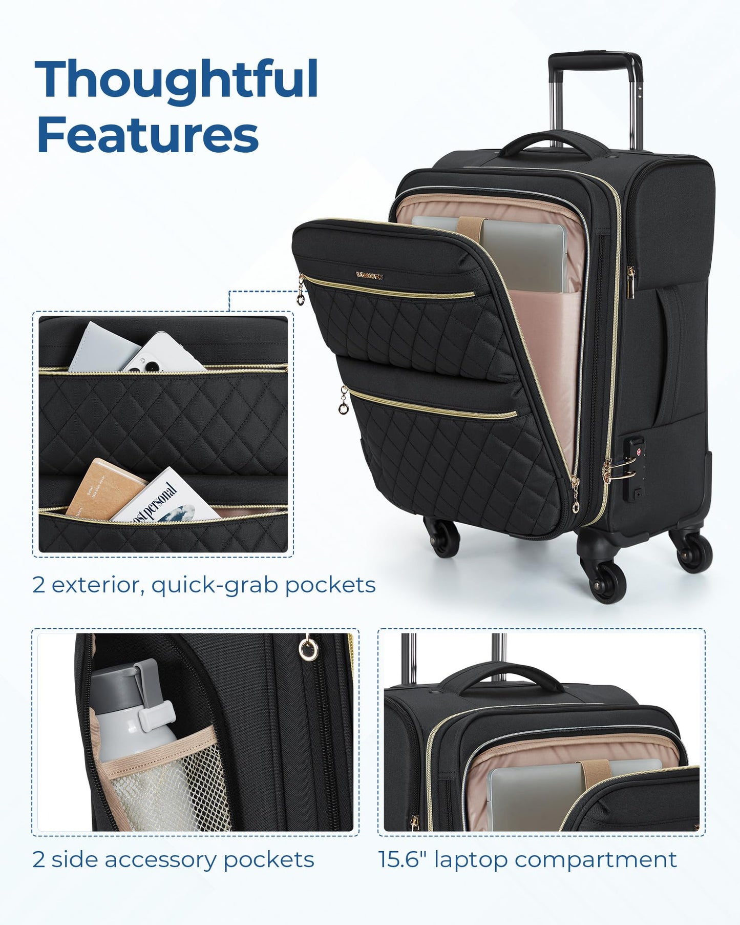 BAGSMART Underseater Carry On Luggage Airline Approved with Spinner Wheels